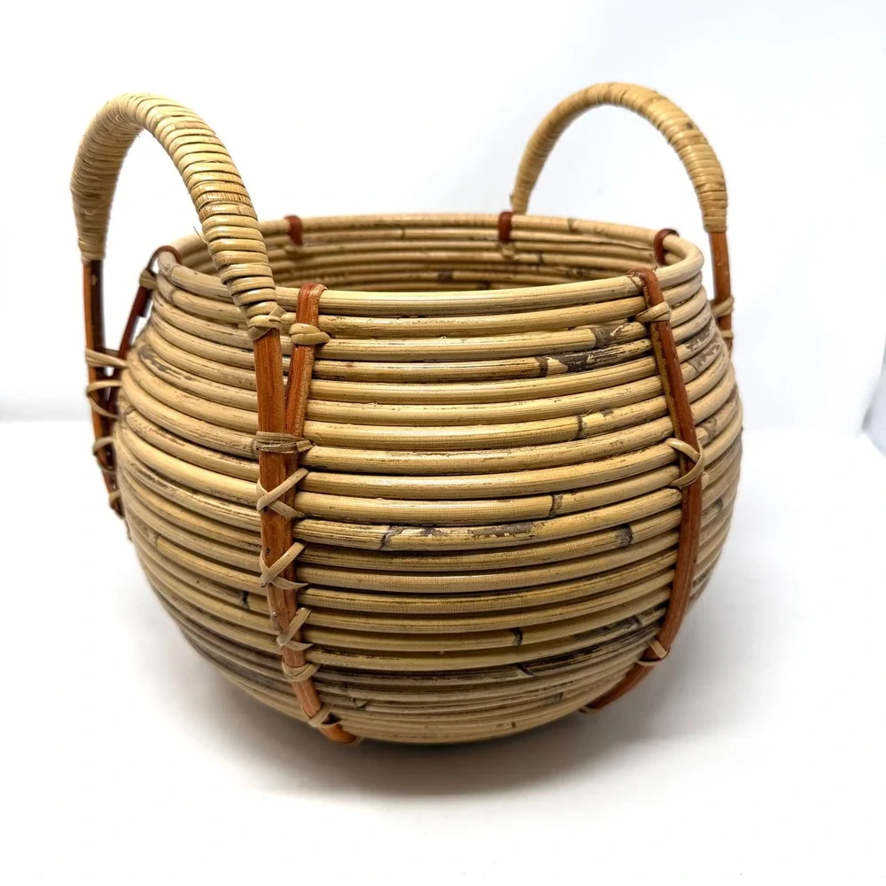 Handwoven Coiled Rattan Basket Round Bulbous‎ Boho Storage with Handles
